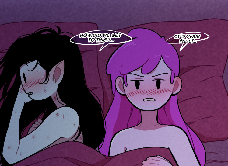 A top-down view of the head of a bed. The vampire queen and hunter are presumably naked with the covers up. The vampire queen says, "How did we get to this. . ?" and the hunter responds, "It's all your fault. . ."